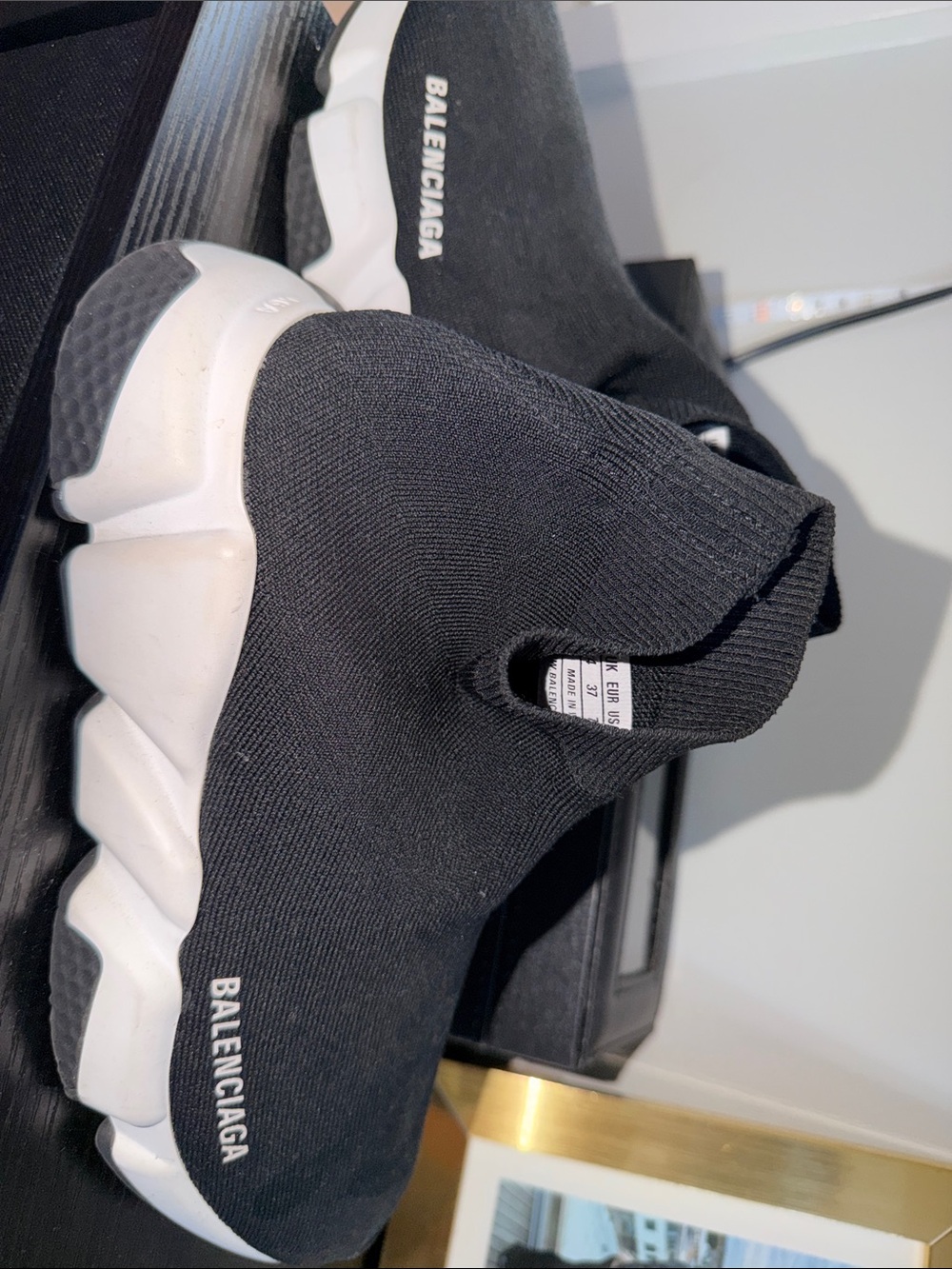 Balenciaga Black Knit Sock Sneakers with White Sole